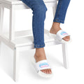 Youth Slide Sandals — White Removable-Strap Slides with 'Soda Boba' Pastel Logo