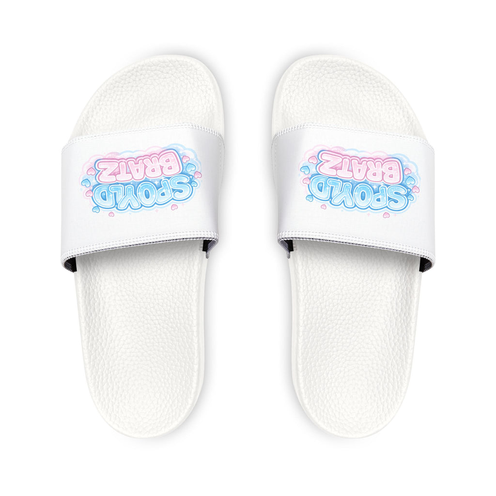 Youth Slide Sandals — White Removable-Strap Slides with 'Soda Boba' Pastel Logo