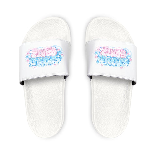 Youth Slide Sandals — White Removable-Strap Slides with 'Soda Boba' Pastel Logo