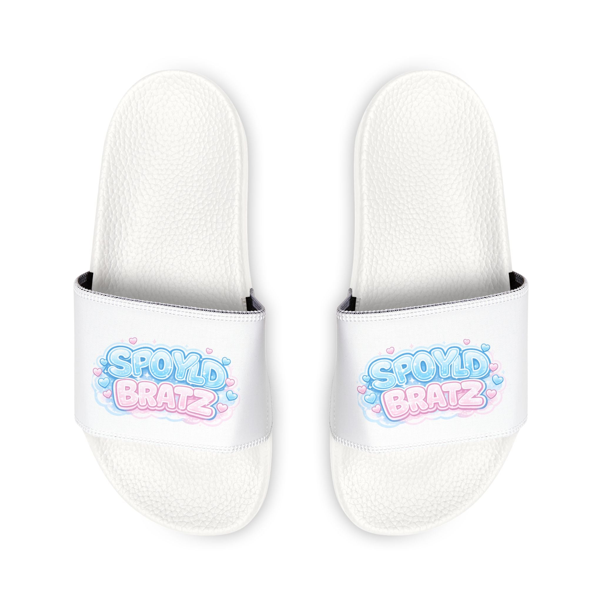 Youth Slide Sandals — White Removable-Strap Slides with 'Soda Boba' Pastel Logo