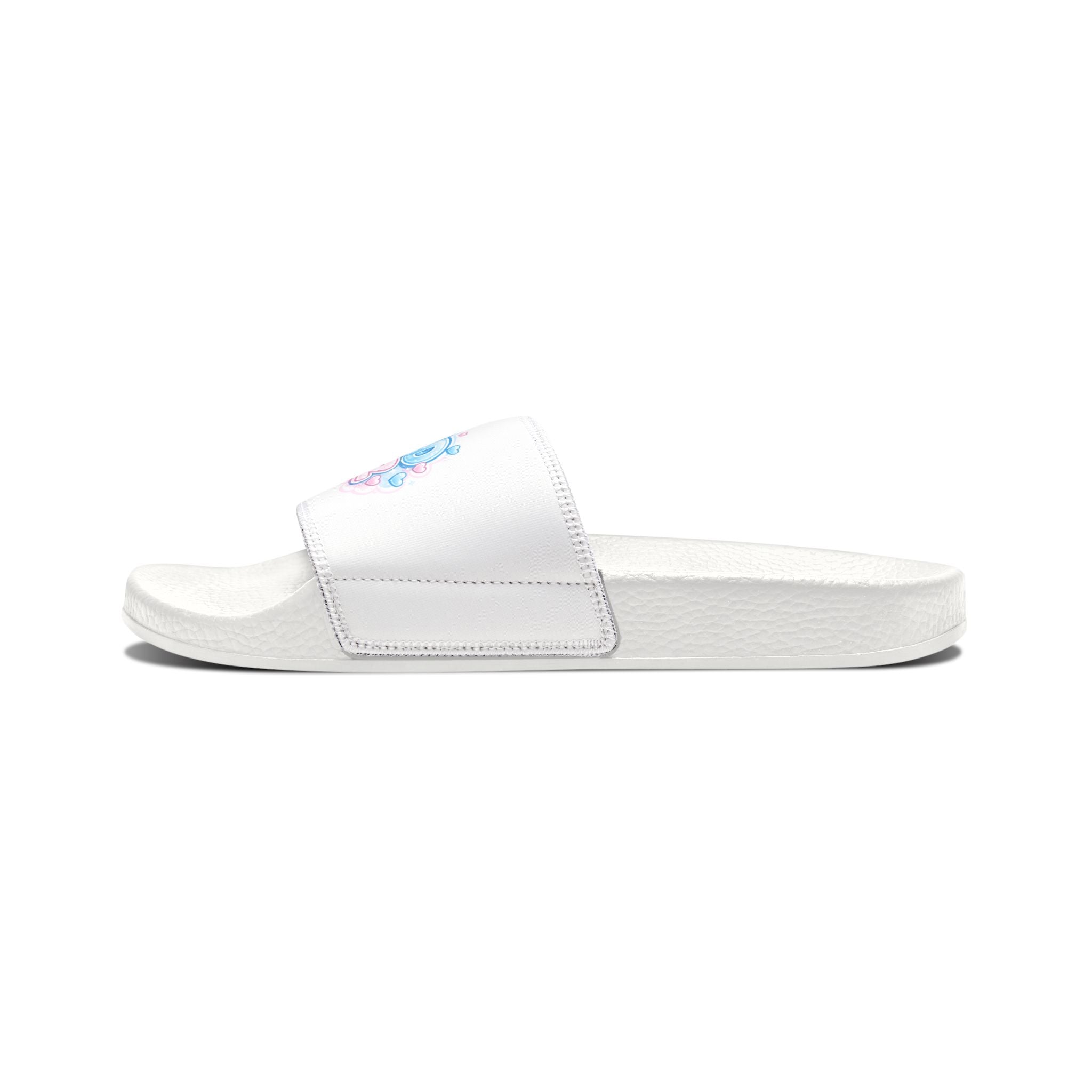 Youth Slide Sandals — White Removable-Strap Slides with 'Soda Boba' Pastel Logo