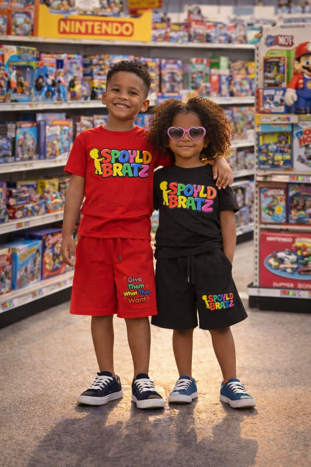 Two children wearing 'SPOYLD BRATZ' clothing in a toy store.