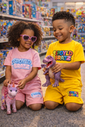 Two children playing with toys in a store, SPOYLD BRATZ short set