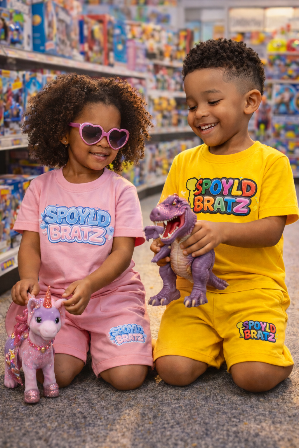 Two children playing with toys in a store, SPOYLD BRATZ short set