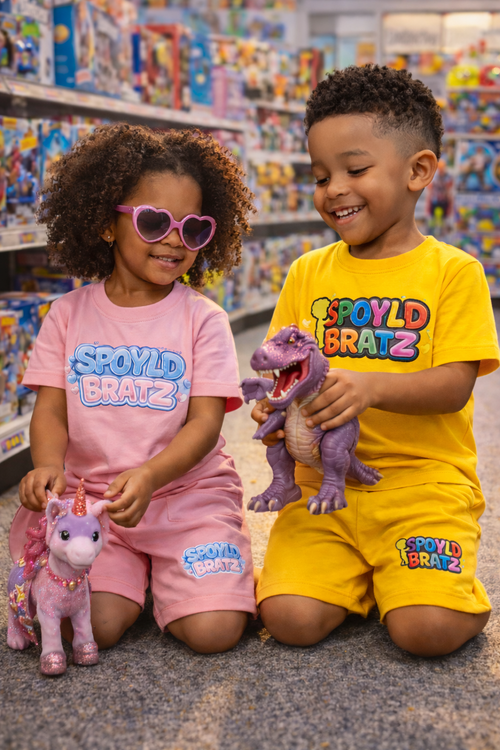 Two children playing with toys in a store, SPOYLD BRATZ short set