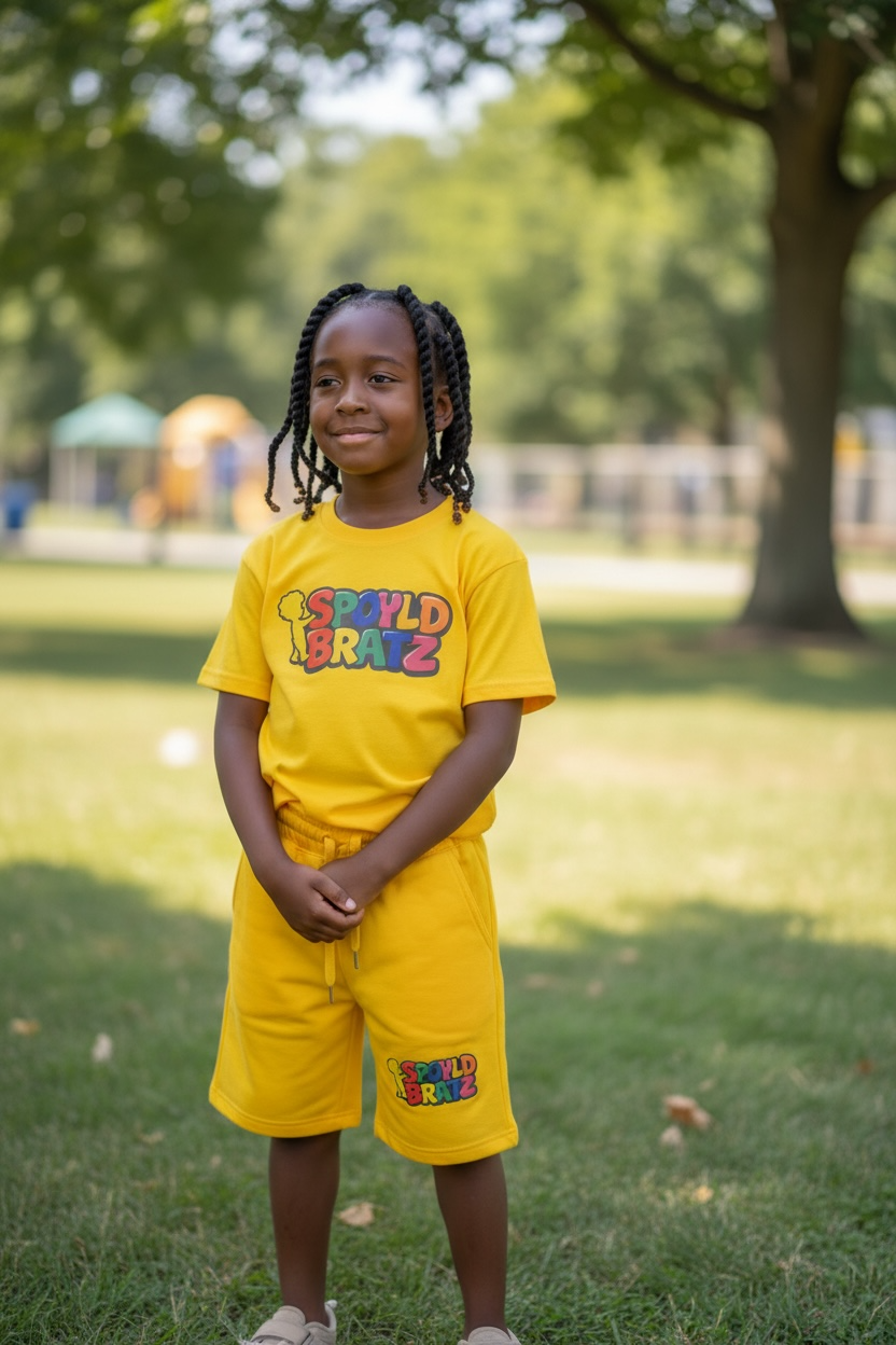 Child wearing a yellow outfit with colorful text standing in a park.