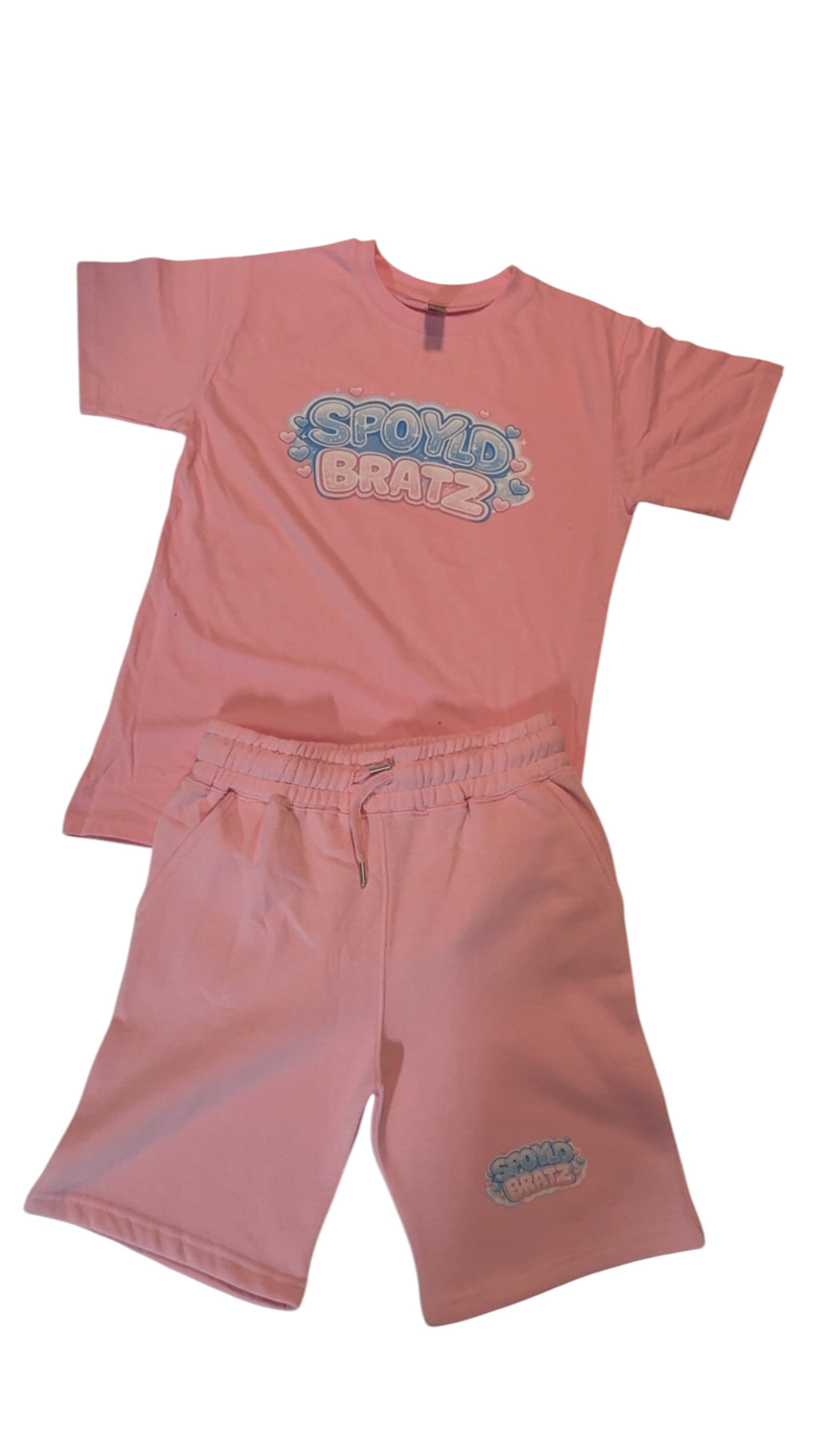 Pink children's t-shirt and shorts set with 'SPOLYD BRATZ' branding on a white background