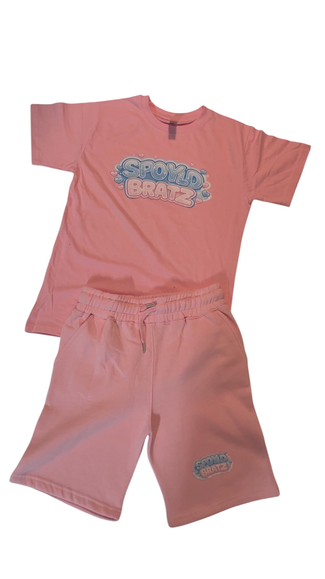 Pink children's t-shirt and shorts set with 'SPOLYD BRATZ' branding on a white background