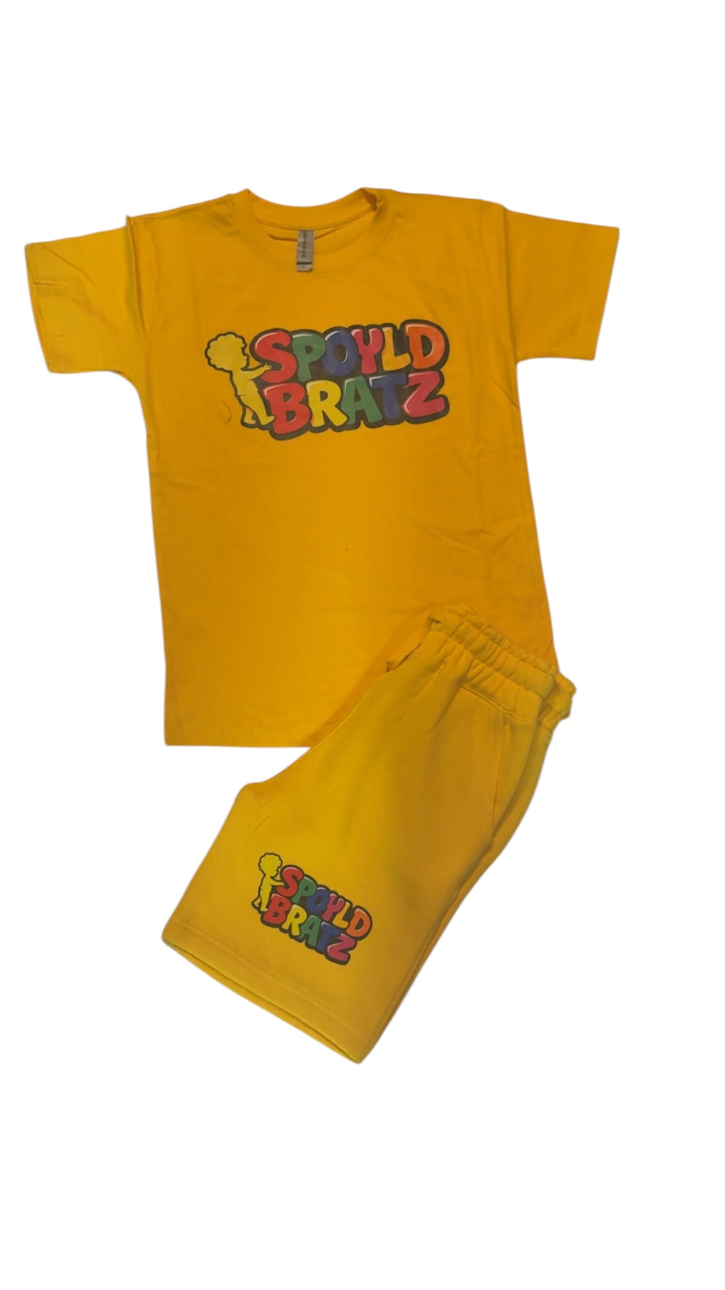 Yellow t-shirt and shorts set with 'Spoyld Bratz' logo on a white background