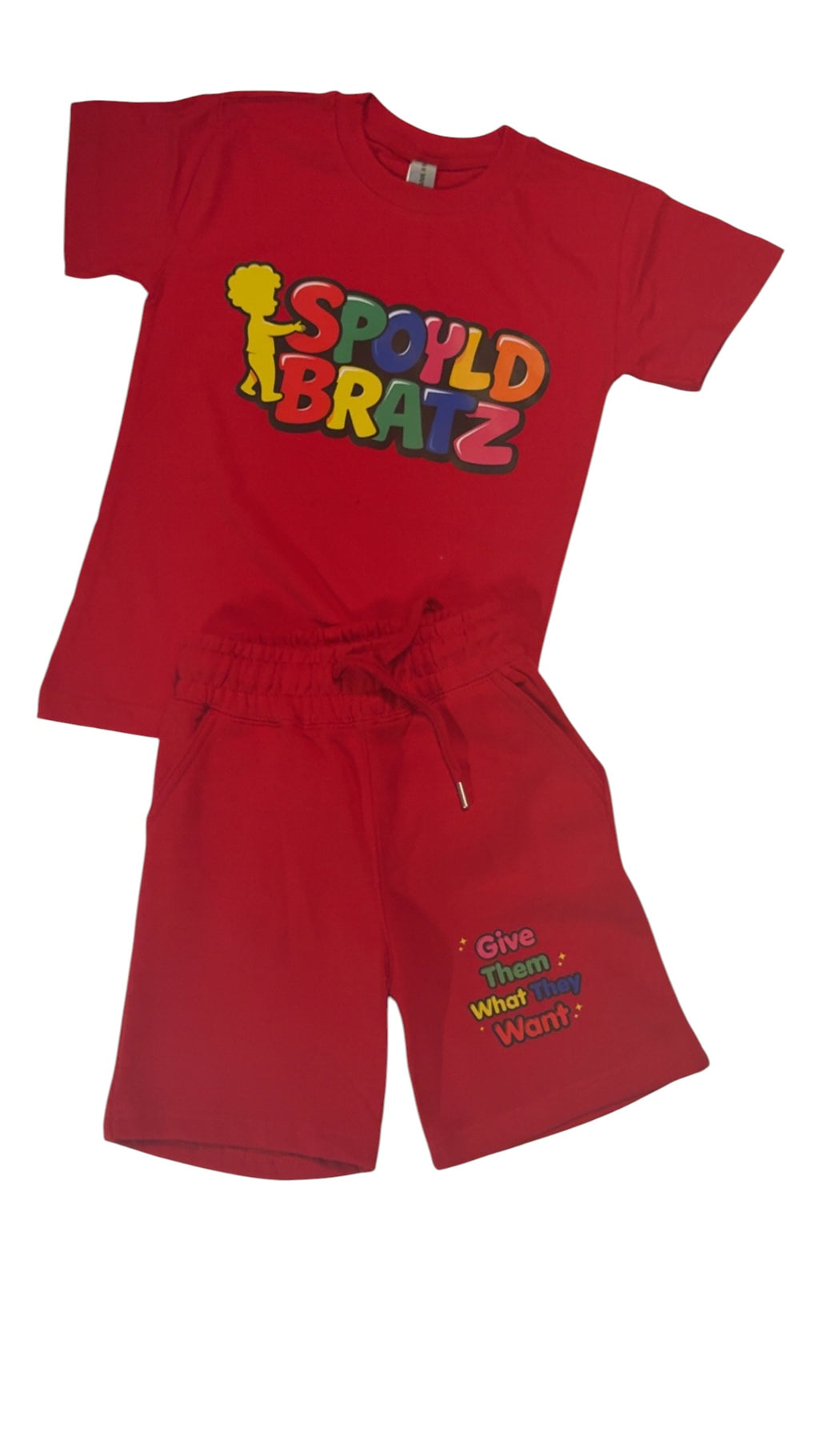 Red children's outfit with 'Spoyld Bratz' text on a white background
