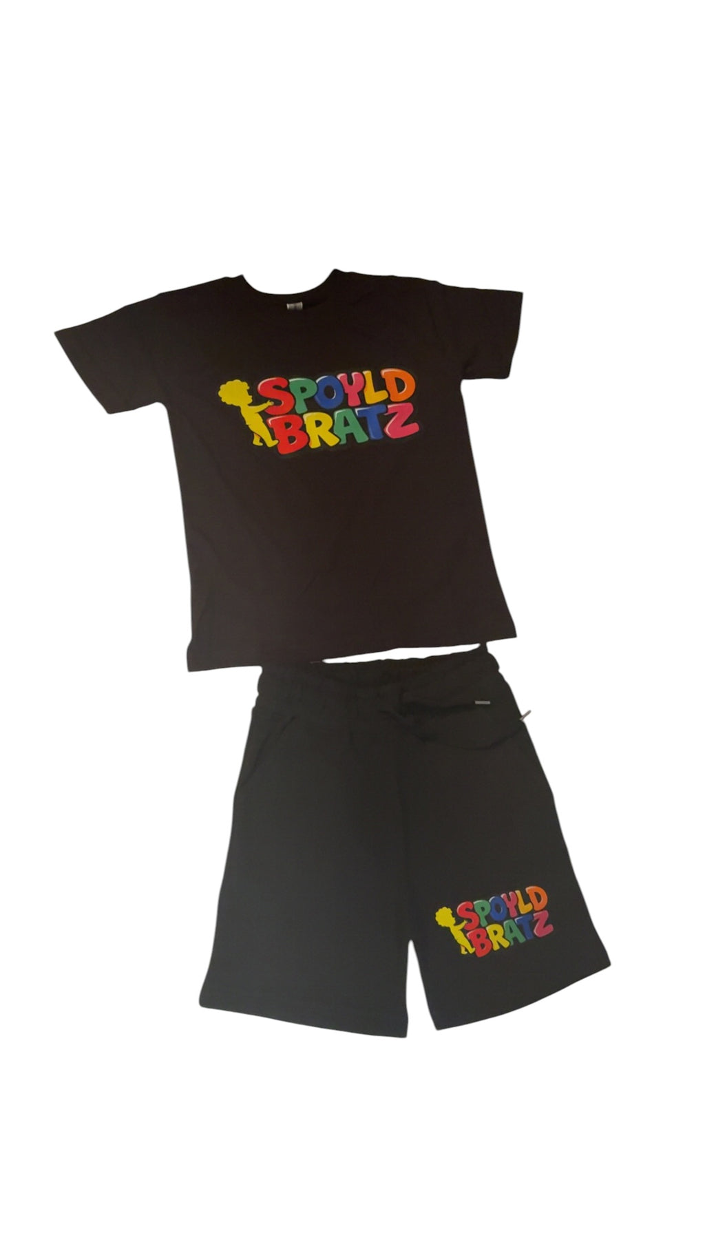 Black t-shirt and shorts set with colorful 'Spoyld Bratz text on a white background