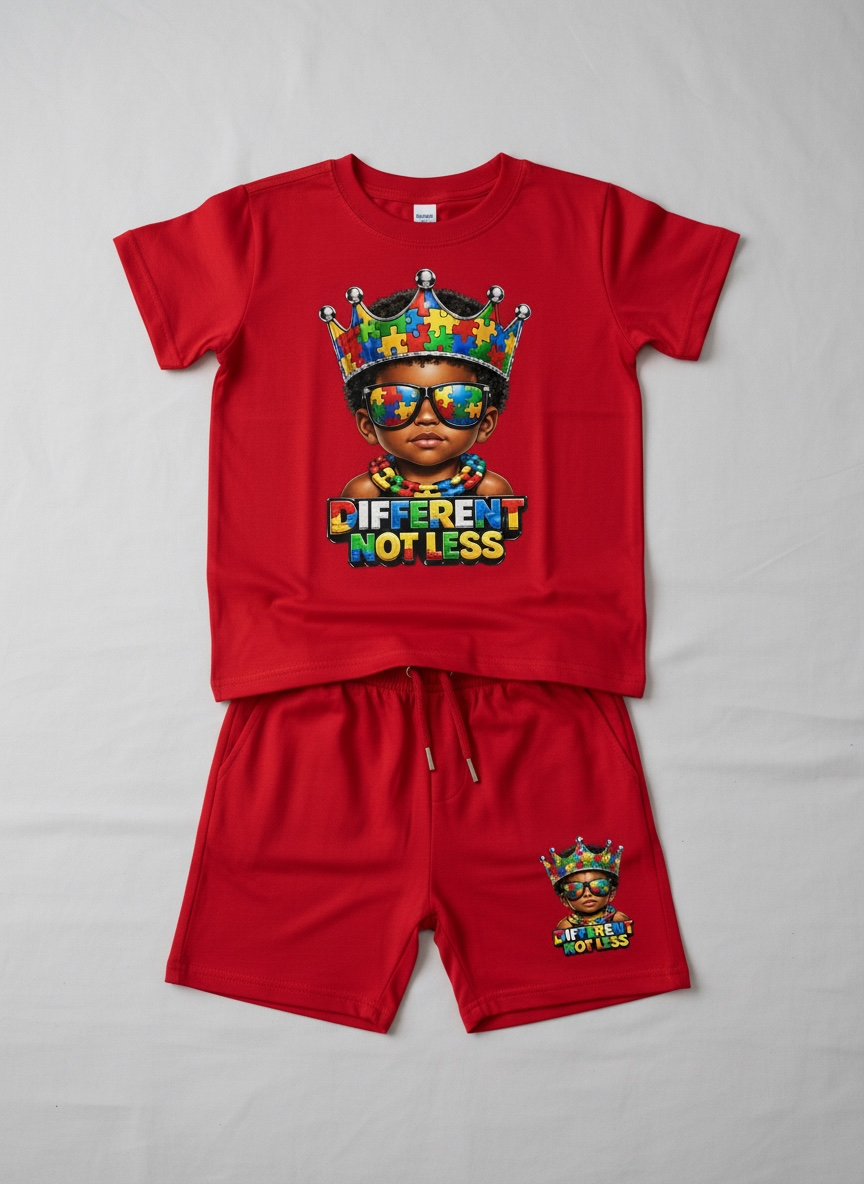 Red children's t-shirt and shorts set with colorful graphic design on a gray background
