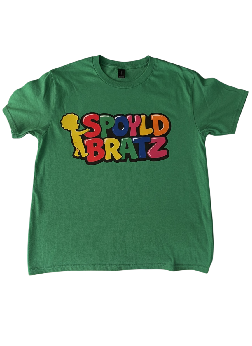 Green t-shirt with colorful 'Spoyld Bratz' text design on a white background