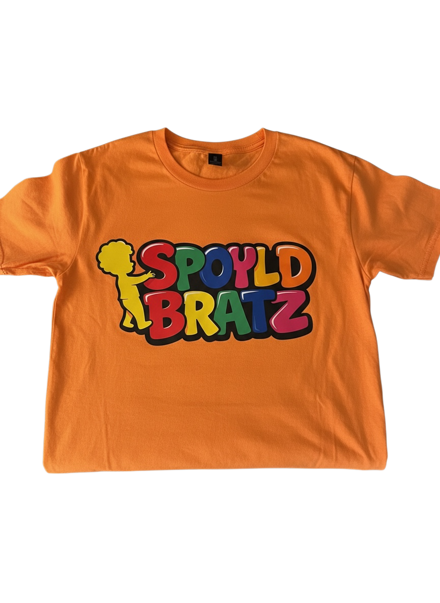 Orange t-shirt with colorful 'Spoyld Bratz' text design on a white background