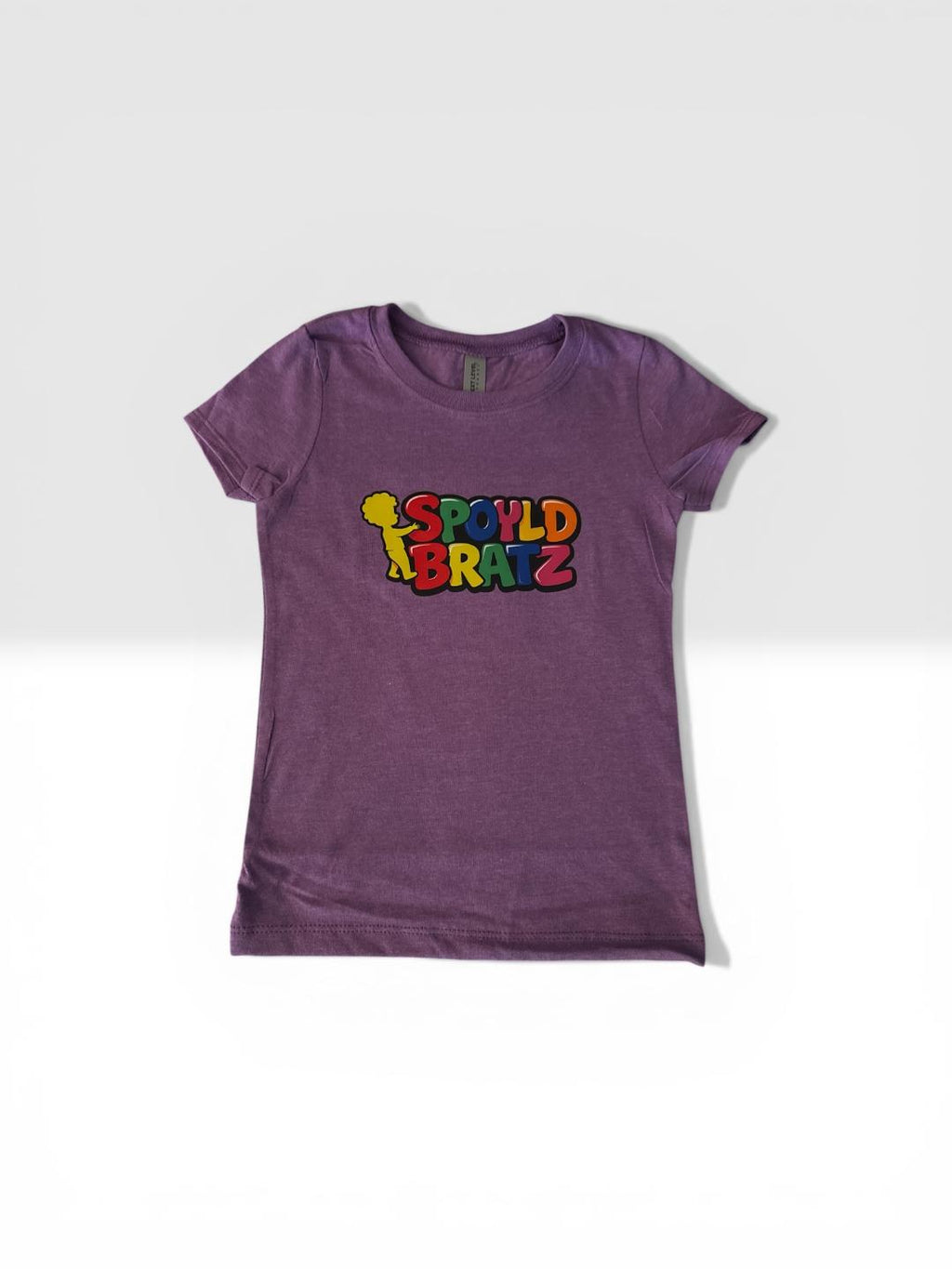 Purple t-shirt with colorful Spoyld Bratz design on a white background