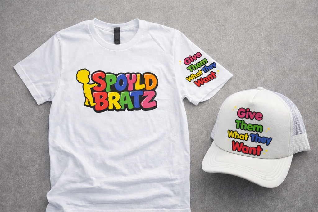 White t-shirt and cap with colorful text on a gray background with hat to go with