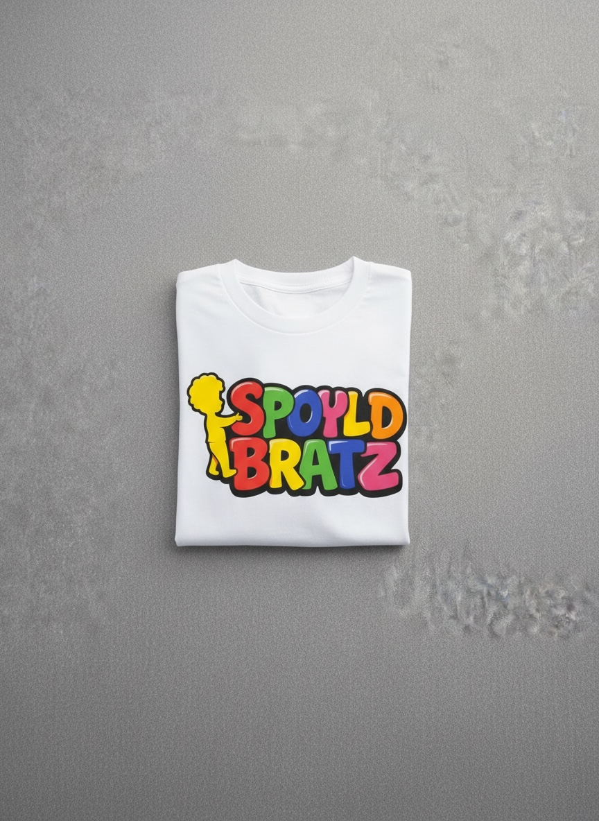 White t-shirt with colorful 'Spoyld Bratz' graphic on a gray textured background