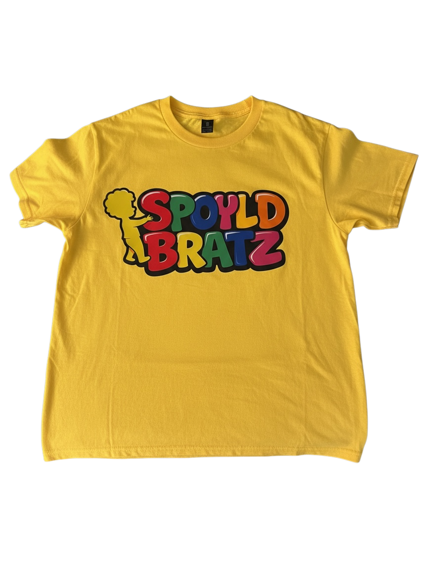 Yellow t-shirt with colorful 'Spoyld Bratz' text on a white background